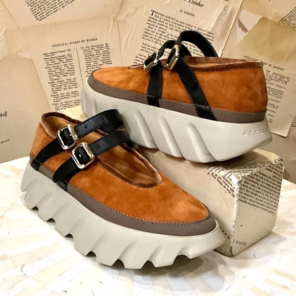 Free People 4CCCCEES Tura Mary Janes Platform Shoe Tan Gold Suede Black - Picture 6 of 12